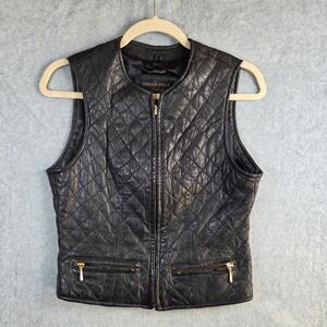 Otello Pelle Quilted Leather Vest Women Small Black Gold Zip Diamond Pattern